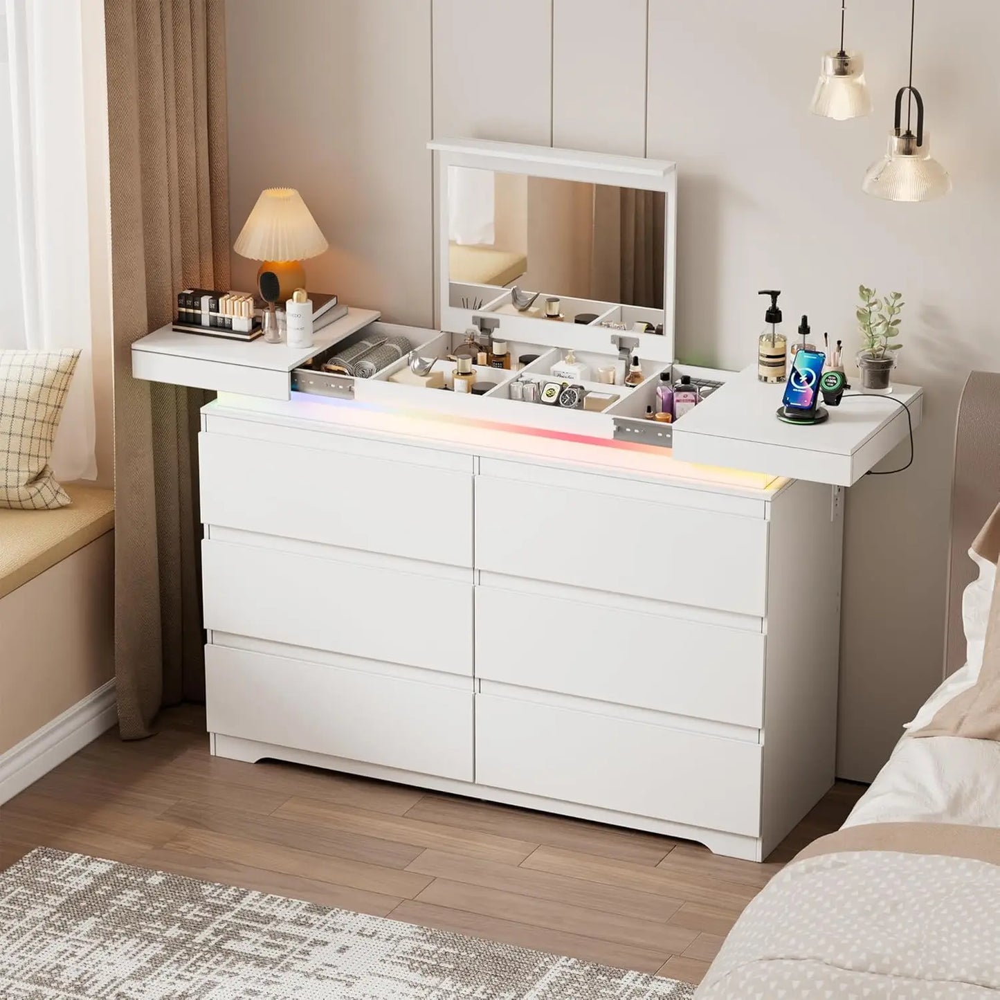 White Dresser with Mirror for Bedroom,Modern 6 Drawers Dresser with Charging Station & LED Lights, Large Storage Wide Chest