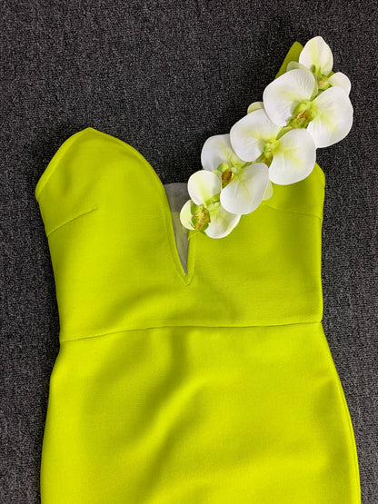 White Moth Orchids One Shoulder Yellow Green Ankle Length Bandage Dress Celebrity Party Evening Dress Woman Voaction Outfit