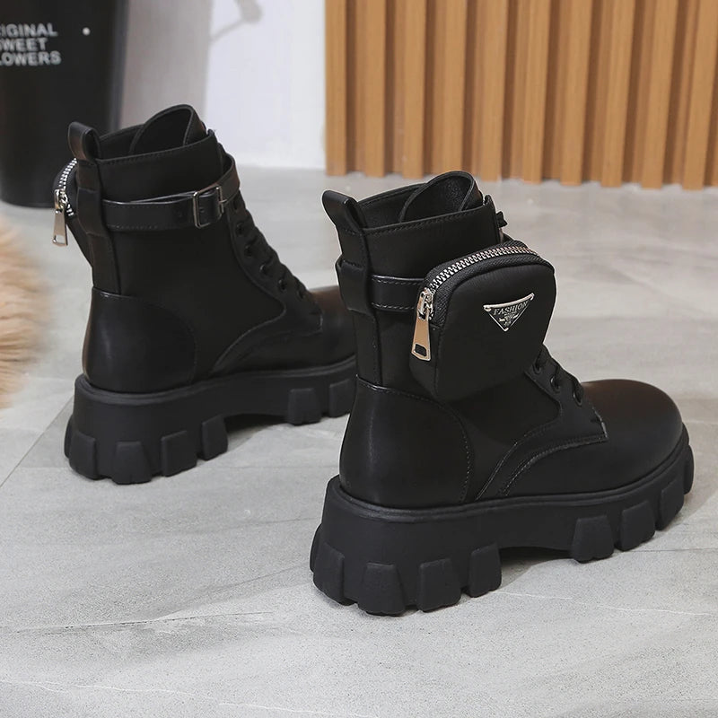 2024 New Women Thick-Soled Leather new Boots Casual Women Boots Women Fashion Lace-Up High Boots Nylon pouch heels flats booties - MAGUSTA BEAUTY