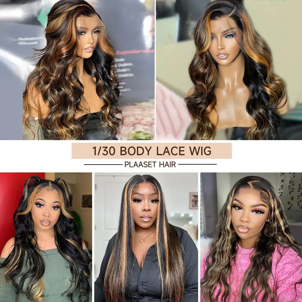 1B/30 Body Wave Highlight Wig Human Hair 30 Inch 13x4 HD Lace Frontal Wig 180 Density Natural Brazilian Hair Wig For Black Women