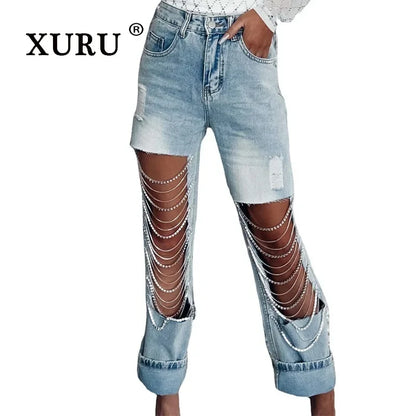 XURU - European and American New Big Hole Jeans Women's Wear, Chain Hanging Straight Length Jeans K82-3286