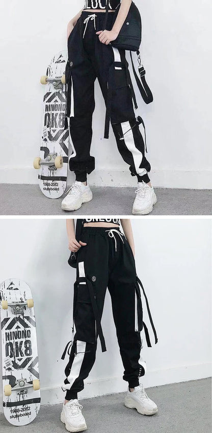 Women Cargo Pants 2023 Harem Pants Fashion Punk Pockets Jogger Trousers With Chain Harajuku Elastics High Waist Streetwear