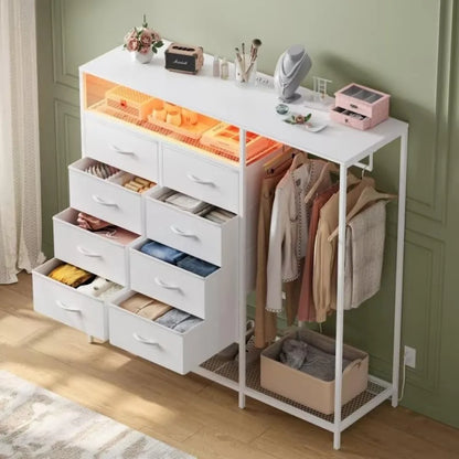 White Dresser for Bedroom with 8 Drawers,Bedroom Dresser with Hanging Rack,Clothes Dresser with Led Lights,with Charging Station