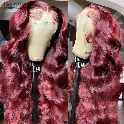 13X4 Hd Transparent Lace Front Wigs Burgundy Red Human Hair Wigs Pre Plucked 30 Inches Body Wave Lace Front Wigs For Women Curly