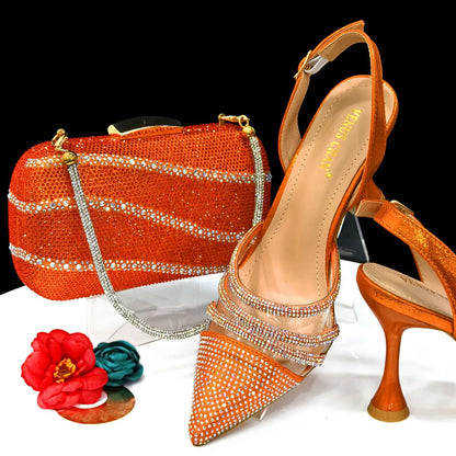 Venus Chan 2023 Newest INS Style Orange Color Elegant High Heels Nigeria Popular Design African Ladies Shoes And Bag Set