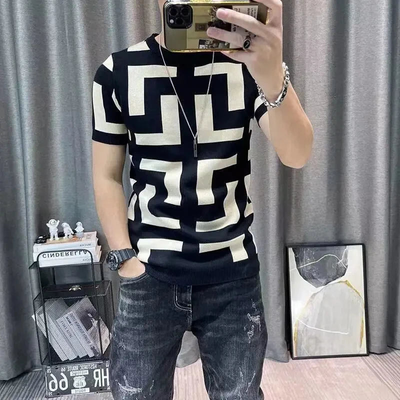 Y2K Summer New Mens Slim Vintage Short Sleeve T Shirt Striped Print O Collared Graphic T Shirts For Men Darts Camiseta Masculina - MAGUSTA BEAUTY