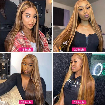 13X4 P4/27 Transparent Lace Frontal Human Hair Wig Honey Blonde Piano Highlight Colored Straight Indian Remy Hair 200% Density