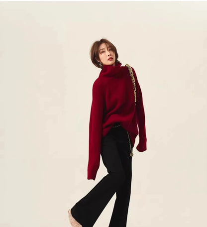 Turtleneck 100% cashmere sweater women loose thickening age reduction niche vintage red crewneck sweater women long sleeves