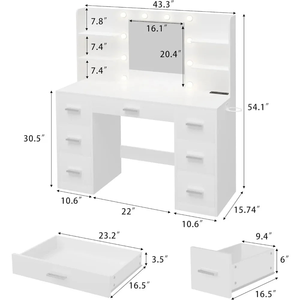 Vanity Desk with Mirror, LED Lights and Power Outlet Makeup Vanity Table with 7 Drawers and 6 Storage Shelves Dressing Table