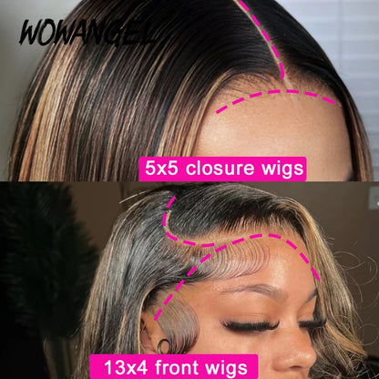 Wow Angel Short Straight Bob Wigs 13x4 Lace Front Human Hair Wigs 1B30# Highlight PrePlucked 5x5 HD Lace Closure Wigs for Woman