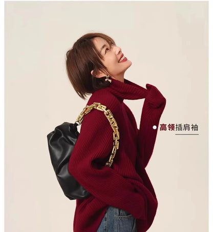 Turtleneck 100% cashmere sweater women loose thickening age reduction niche vintage red crewneck sweater women long sleeves