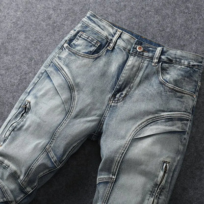 Trendy Jeans Men's Small Straight Leg Denim Design Pants New Slim Fit Small Hole Long Pants High Street Classic High Quality