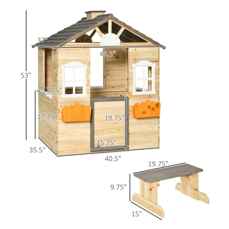 Wooden Kids Playhouse, Adventures Cottage, with Working Door, Windows, Bench, Service Station, Flowers Pot Holder