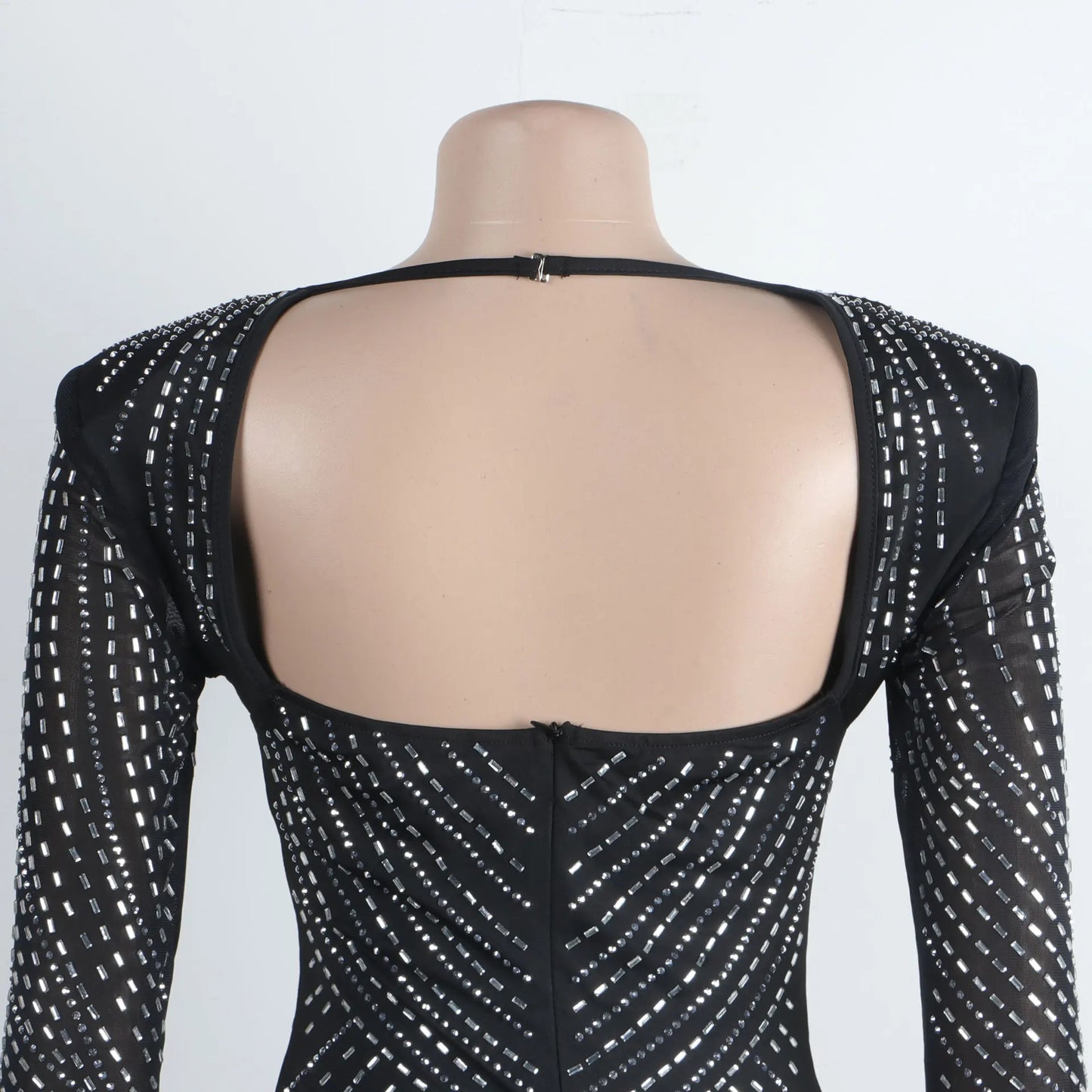 Women Sexy Sheer Mesh Rhinestone Decor Long Sleeve Skinny Party Dress