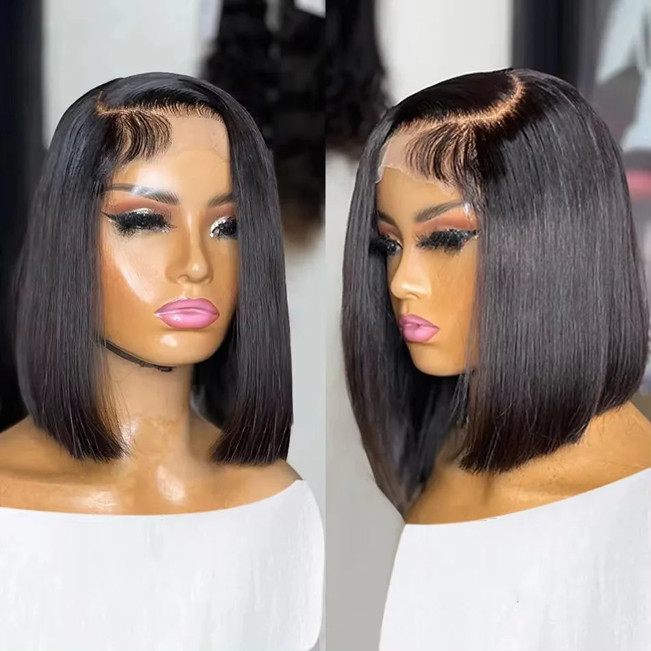 100% Vietname Super Double Drawn Bone Straight 13x4 Frontal Bob Wig with Human Hair Natural Black 210% Density For Black Women