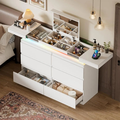 White Dresser with Mirror for Bedroom,Modern 6 Drawers Dresser with Charging Station & LED Lights, Large Storage Wide Chest