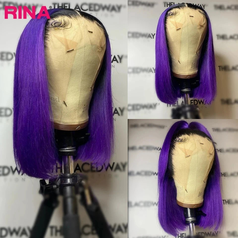 1B Purple Straight Bob Wig Human Hair 13x4 Lace Front Wigs Pre Plucked with Baby Hair Short 180 % Lace Frontal Wig For Women