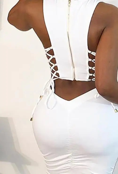 Women Sexy Cut Out Lace-Up White Dress 2023 Summer Ladies Elegant Fashion Female Zipper Design Sleeveless Midi Bodycon Dresses