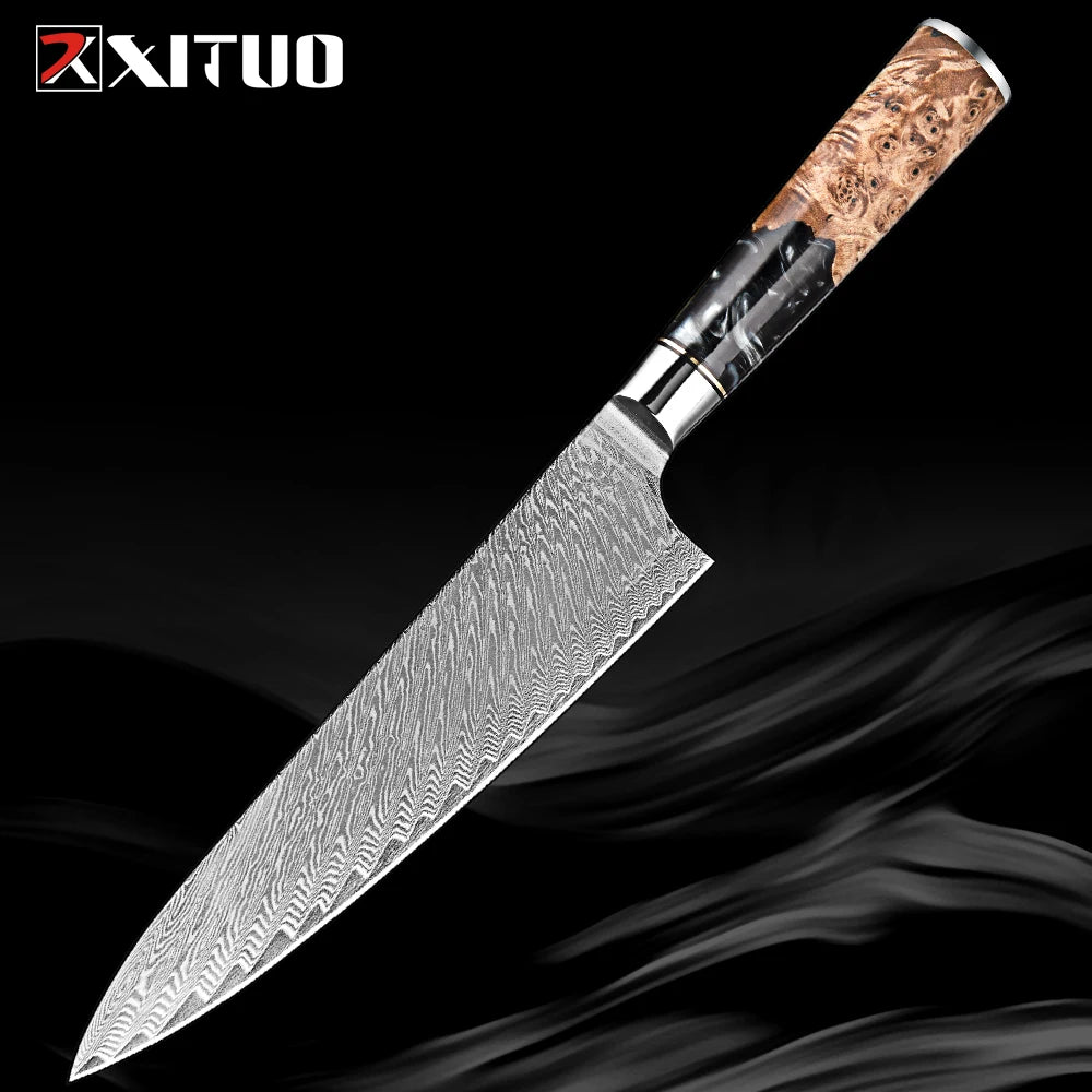 XITUO 1-9 PCS Damascus Steel Kitchen Knives High Quality Chef Chopping Vegetable Slicing Deboning Bread Knife Black Resin Handle