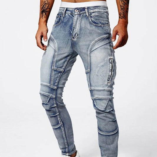 Trendy Jeans Men's Small Straight Leg Denim Design Pants New Slim Fit Small Hole Long Pants High Street Classic High Quality