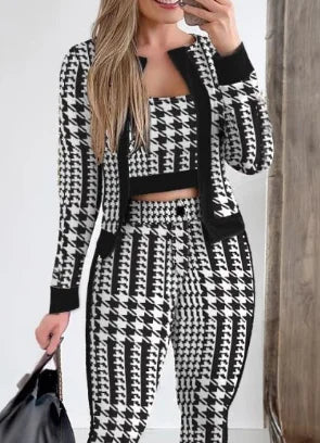 Two Piece Set Women Outfit Spring Fashion Plaid Print Contrast Paneled Open Front Long Sleeve Coat & Elegant Skinny Pants Set