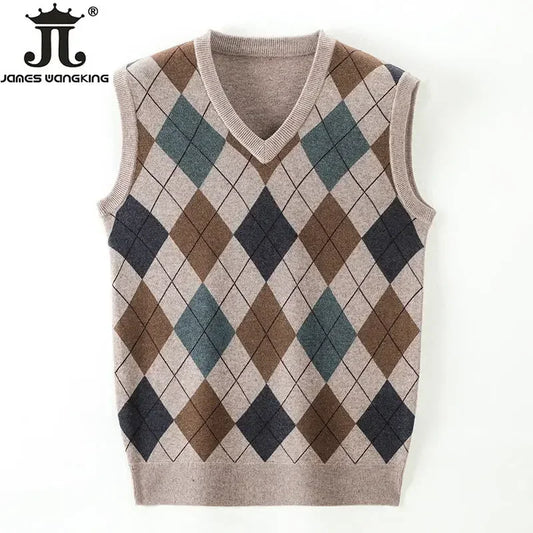 Woolen Sweater Warm Autumn and Winter New Men's Boutique Fashion Diamond -shaped Lattice Casual Business V -neck Sweater Vest