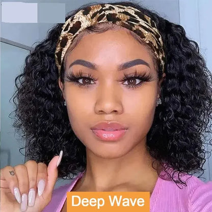 Water Wave Headband Wig Kinky Curly Human Hair Wigs For Women BrazilianFull Machine Made Remy Human Hair Wig Scarf Wig