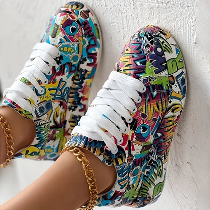 Women's graffiti print sneakers, fashion lace-up low-top platform sneakers, casual skateboard shoes