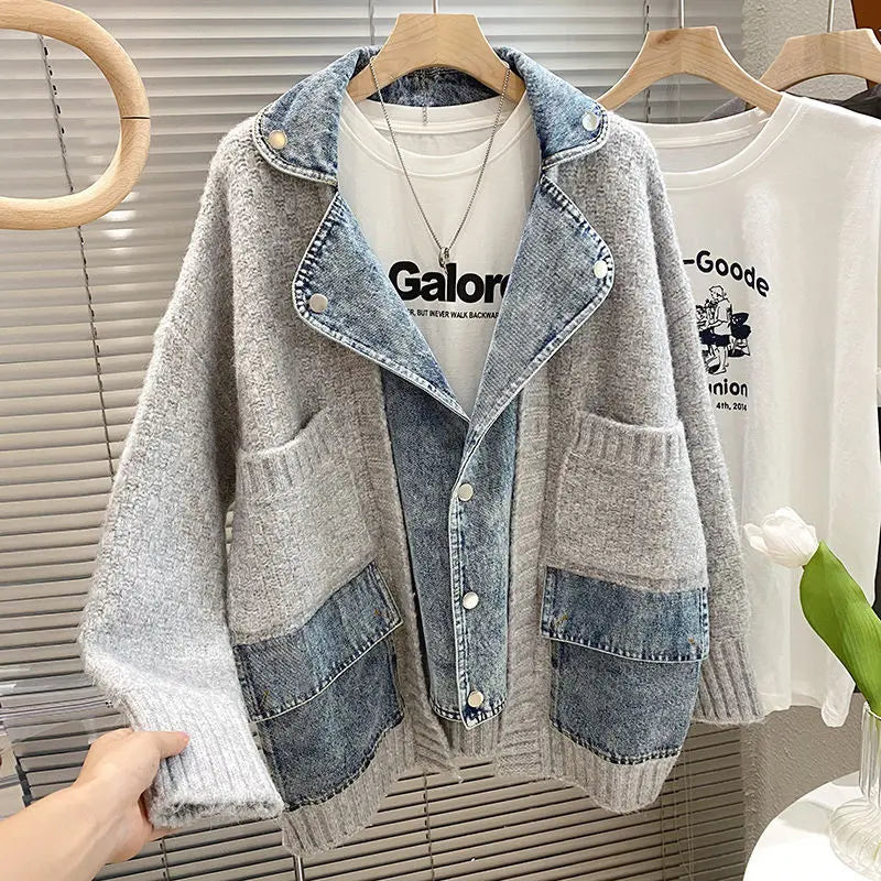 2023 New Autumn Winter Women Splicing Denim Jacket Women Long Sleeve Jean Jackets Female Loose Sweater Cardigan Jacket