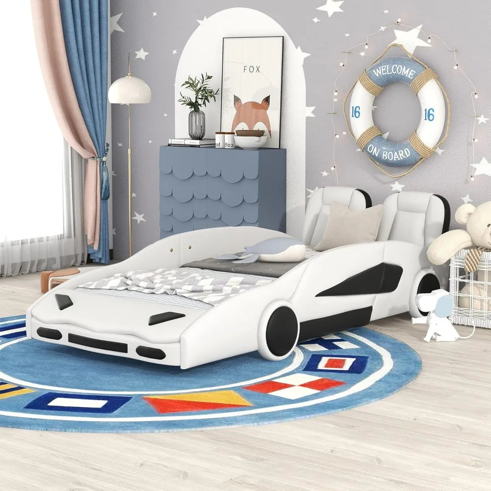 Twin Size Car Bed,Race Car-Shaped Platform Wooden Bedframe with Wheels & Both Sides,Slat Support,Children Beds Furniture