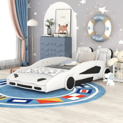 Twin Size Car Bed,Race Car-Shaped Platform Wooden Bedframe with Wheels & Both Sides,Slat Support,Children Beds Furniture