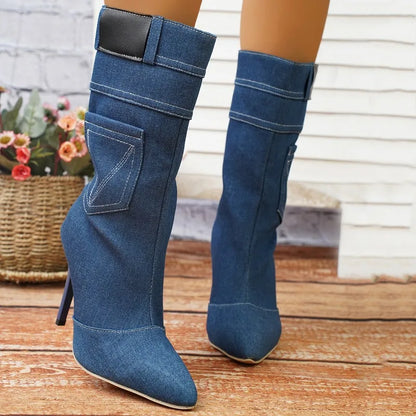 2023 Winter Women's Vintage Fashion Style Blue Denim Ankle Boots Thin High Heel Pointed Jeans Short Boots High Heel Shoes - MAGUSTA BEAUTY