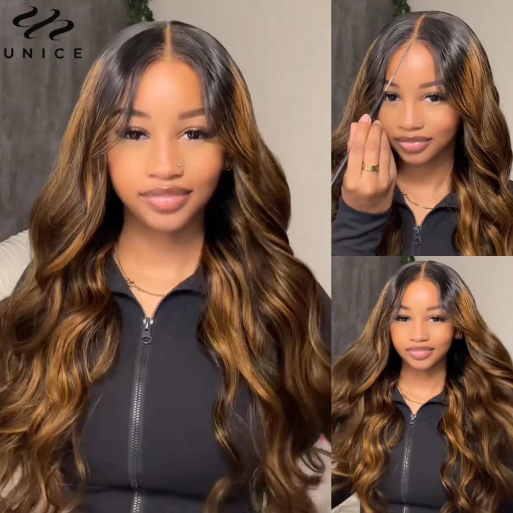 UNice Hair 7x5 Bye Bye Knots Wear Go Glueless Wig Brown Balayage Body Wave Wig Pre Cut Pre Bleached Human Hair Lace Wig 150%