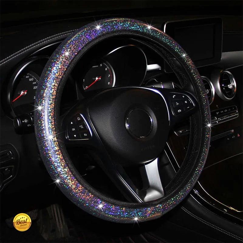 Universal Car Steering Wheel Cover 38cm Faux Leather Rhinestones Imitation Diamond Anti-slip Pink Steering Wheel Cover For Girls