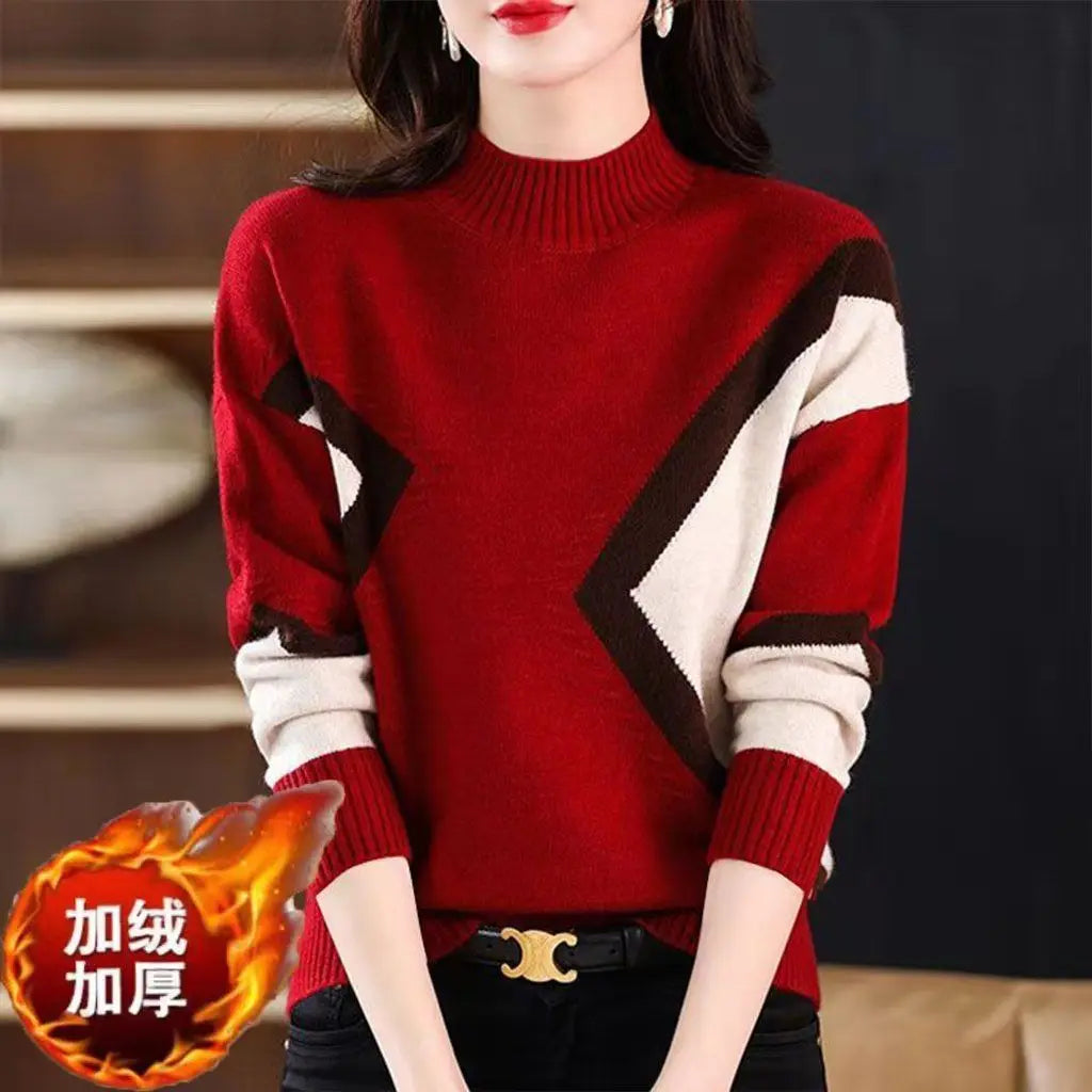 Velvet and Thickened Women's Top 2024 New Autumn/Winter Korean Edition Color Block Knitted Half High Neck Sweater