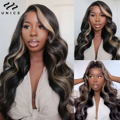 UNice Body Wave Highlight Wig Human Hair 13x4 Lace Frontal Wig Pre Cut Pre Bleached Knots 7x5 Lace Wig Wear Go Glueless Wig