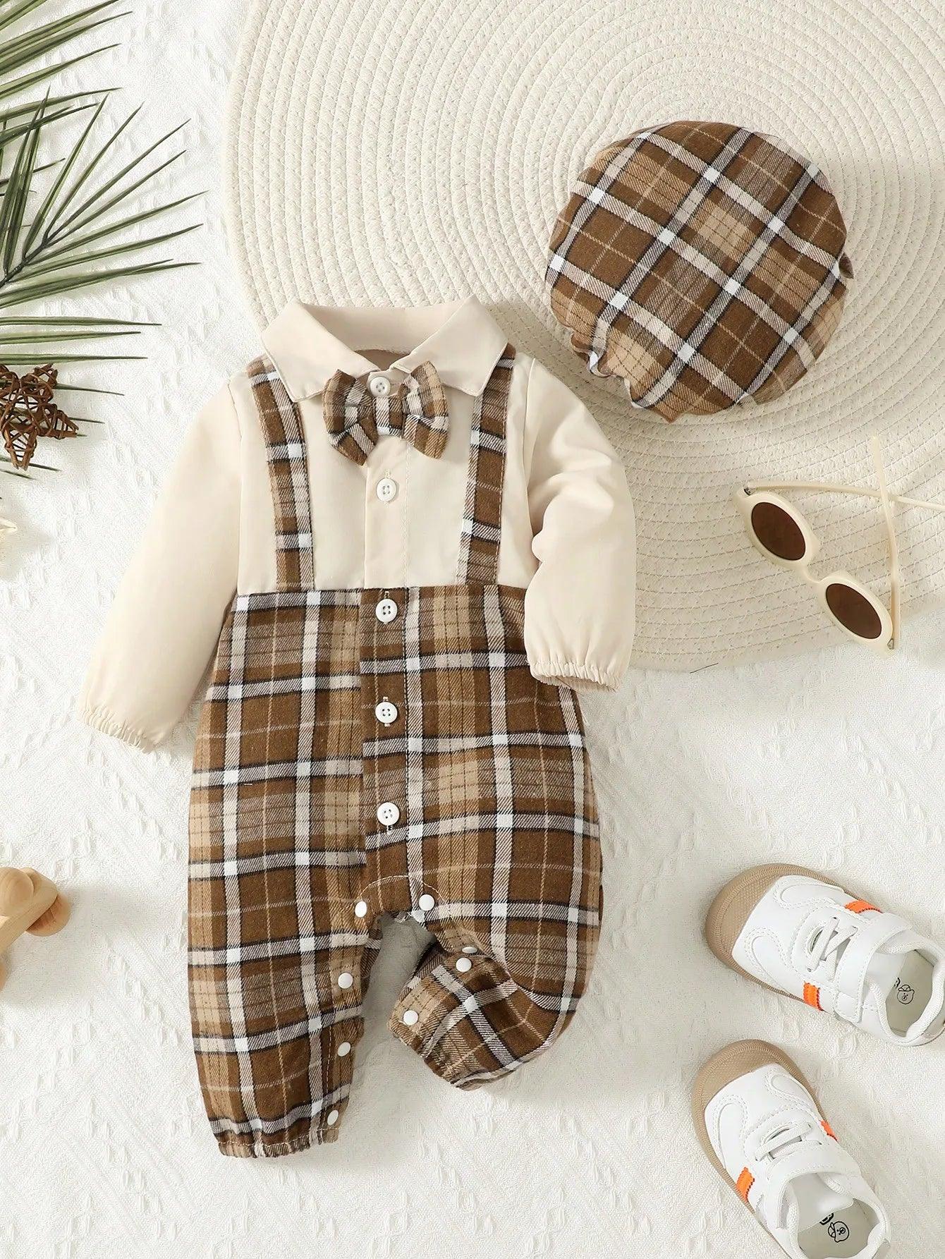 Two-Piece Baby Boy 1-24m Lapel Suspenders With Bow Gentleman Jumpsuit And Holmes Hat Spring And Autumn - MAGUSTA BEAUTY