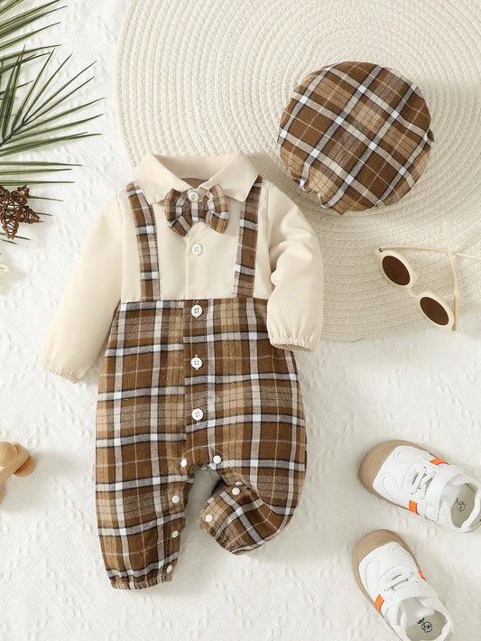 Two-Piece Baby Boy 1-24m Lapel Suspenders With Bow Gentleman Jumpsuit And Holmes Hat Spring And Autumn - MAGUSTA BEAUTY