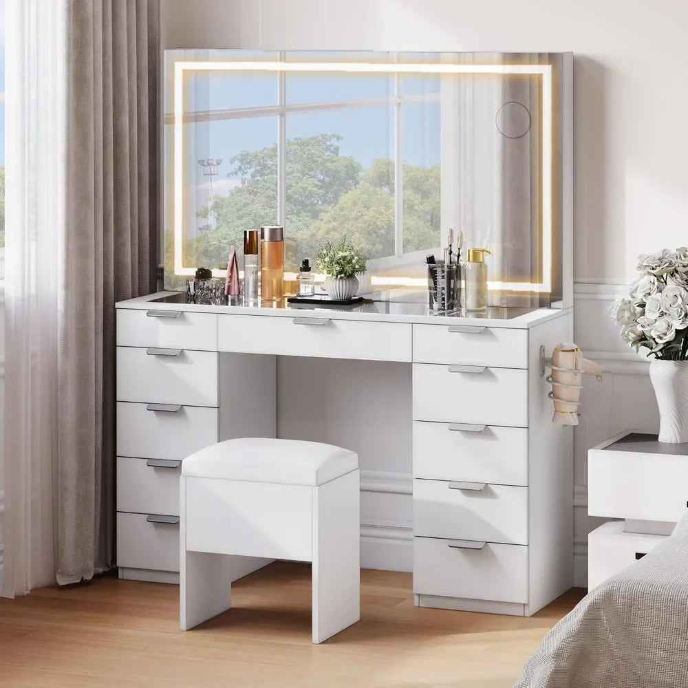 Vanity with LED-Lit Mirror & Electrical Socket, Cosmetic Vanity Station with 11 Compartments and Magnifier, 46'' Dressing Table