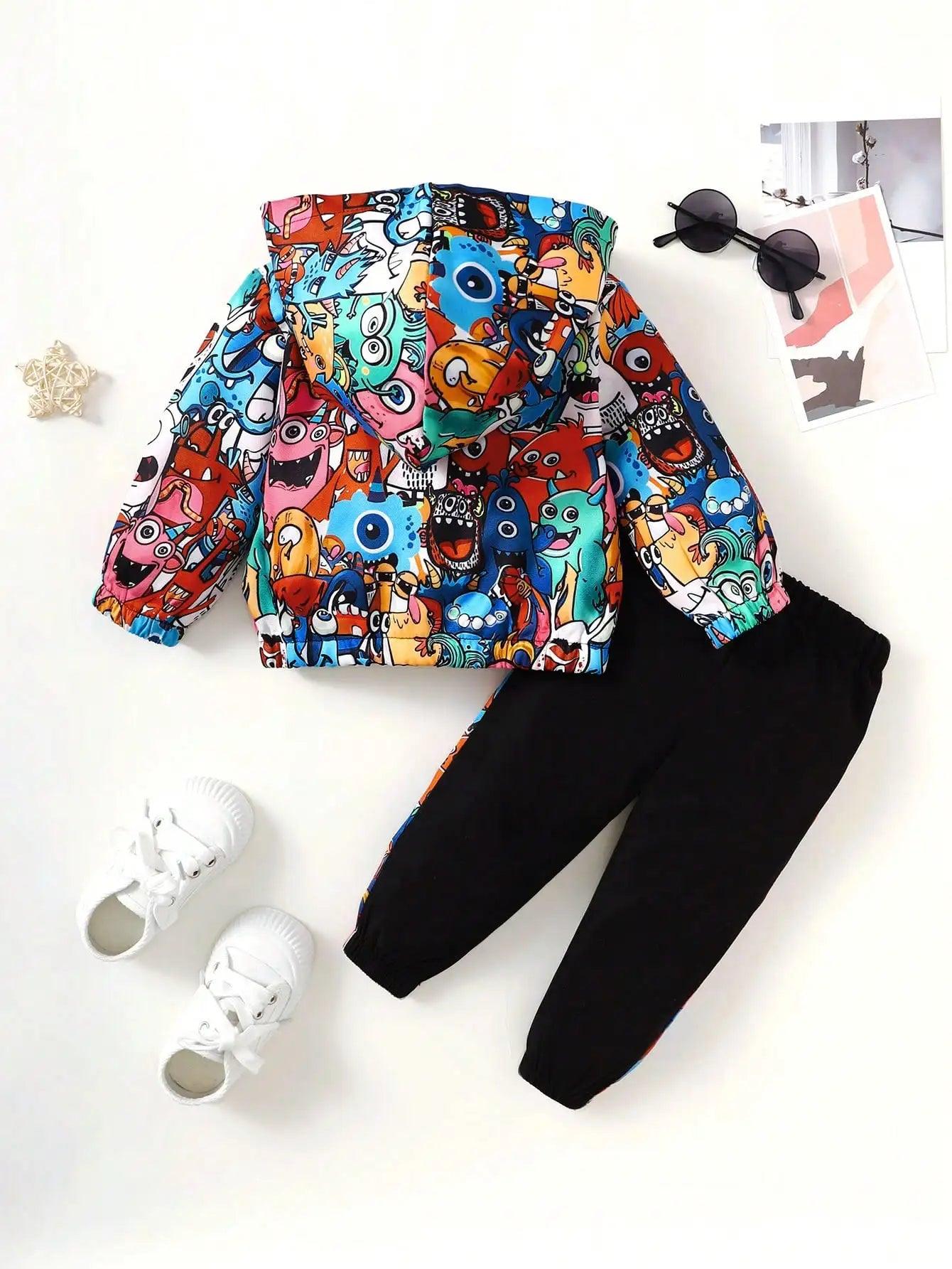 Two Sets Of Baby Boys Casual Cute Monster Pattern Half Open Front Hoodie & Pants Spring And Autumn - MAGUSTA BEAUTY