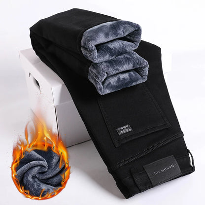 Winter Fleece Thick Warm Jeans Men's Slim Straight Elastic Denim Pants Casual Male Clothing Fashion Plush Trousers