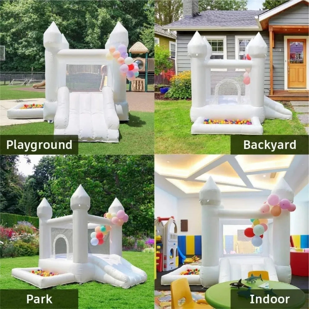 White Bounce House for Kid with Slide Ball Pit Blower Oxford White Castle 108 x108 x 84 inch Kid Birthday Party Playhouse Gift