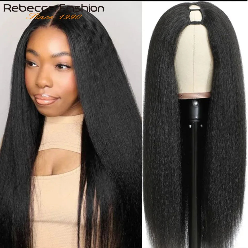 Yaki Straight U Part Wigs for Black Women Kinky Straight U Part Wig Human Hair Short Black Brown U Part Wig Kinky Straight Clip