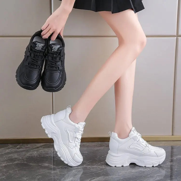 Women's Sneakers 2025 Spring Lace-Up Thick Bottom Vulcanize Shoes Woman Pu Leather Breathable White Black Sports Shoes Ladies