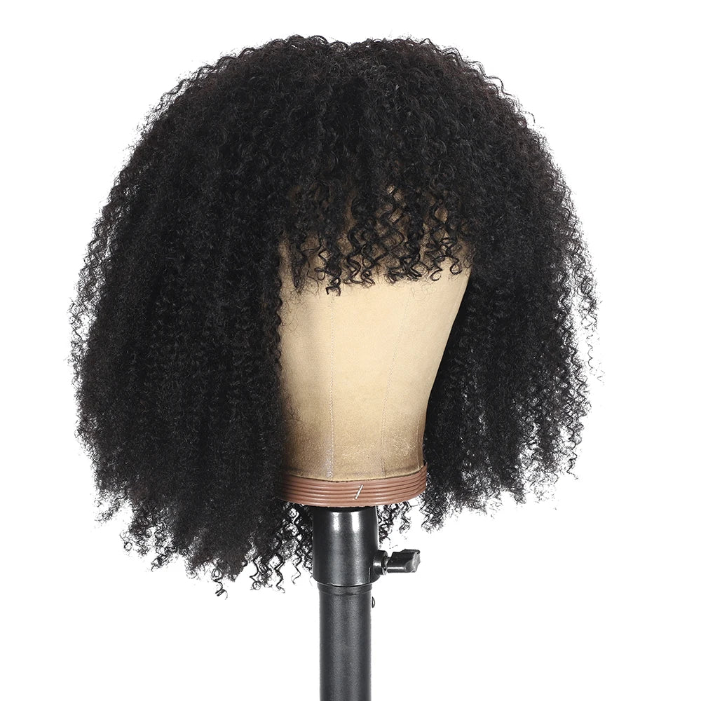 180% Density Afro Kinky Curly Human Hair Wigs With Bangs For Black Women Brazilian 100% Human Hair Remy Full Machine Made Hair