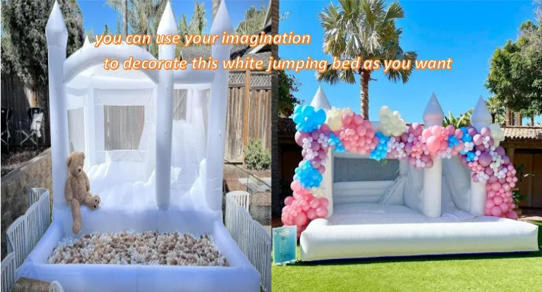 White Bounce House for Kids and Adults, Slide and Ball Pit, Outdoor PVC Jumper, Bouncy Castle, 15x15ft,With Aie Blower