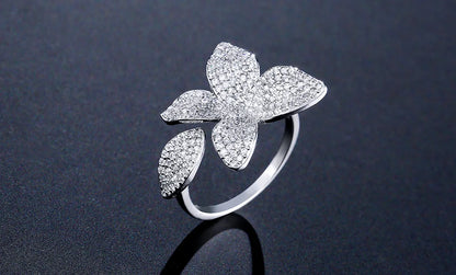 ZAKOL Luxury Sparkling Leaf Flower Micro-paved Zirconia Open Rings for Women Delicate Bridal Wedding Jewelry RP2034