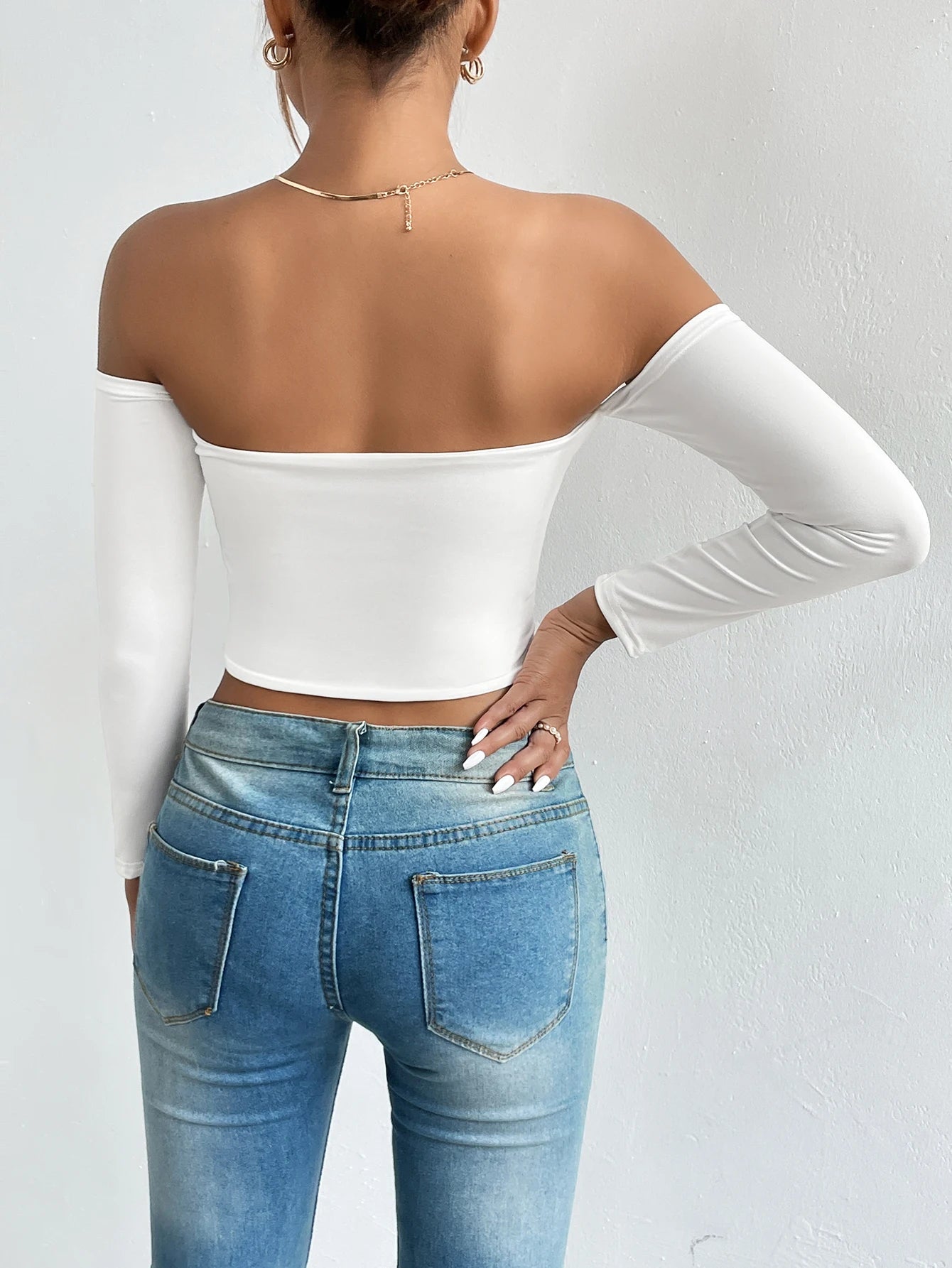 Off Shoulder Crop T-Shirt, Casual Long Sleeve Top For Spring & Fall, Women's Clothing