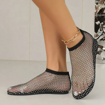 Womens Shallow Slip-On Sandals Mesh Breathable Luxurious Rhinestone Designer Fashion Round Toe Women's Shoes Non-Slip Flat Shoes