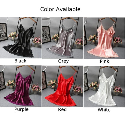 Women Sexy Nightdress Lace Satin Soft Silky Glossy Lingerie Summer Comfort Thin-Sleepwear Ladies Breathable Sling Sleepshirts